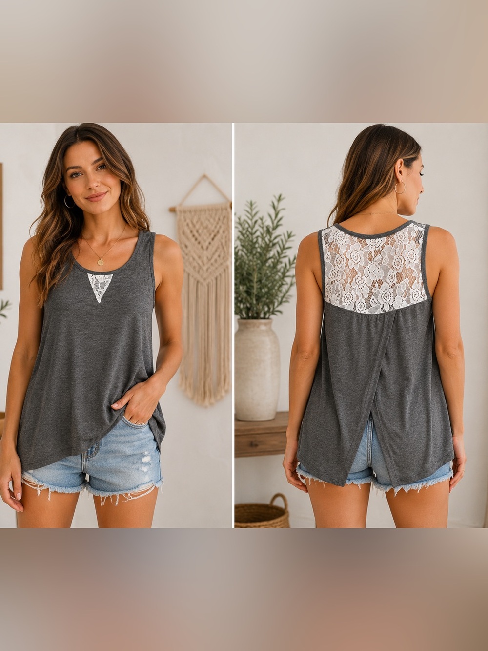 Noisy May Gray Lace Back Tank Top Oversized Sleeveless Boho Casual Top